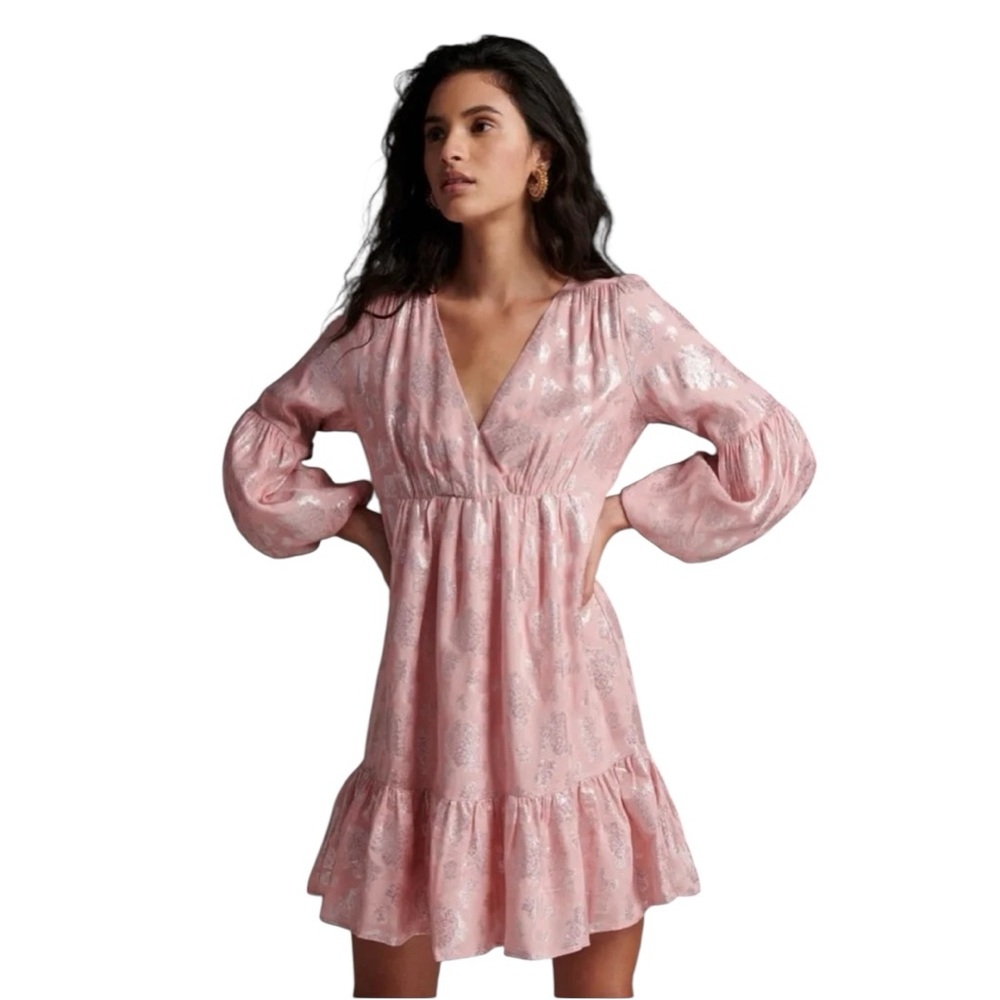 Anthropologie Jolene Jacquard Mini Dress Pink Shimmer Sparkle Puff Sleeve XS NWT - Picture 2 of 9